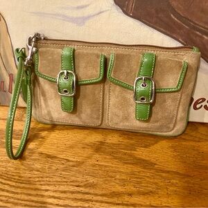 COACH vintage Suede & Leather Wristlet-  Tan & Green
